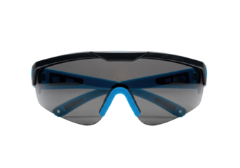high-tech industrial safety goggles with azure blue rubber accents on a reflective white surface, isolated macro close-up, maximizing texture and engineering details. concept of ppe safety and quality