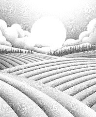 Fields rolling hills and mountains farm landscape background illustration with countryside mountains, sunrise sun, clouds and trees. Original rural background drawing in vintage pointillism dot style © Christos Georghiou