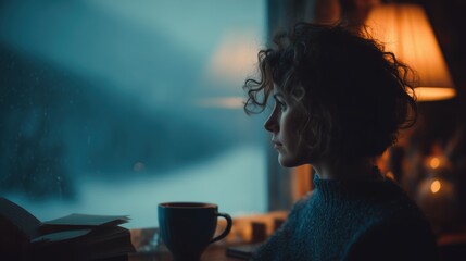 Solitude: Woman Looking Out Rainy Window on a Cozy Evening