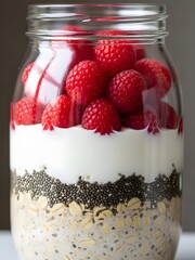 Layered overnight oats in a glass jar
