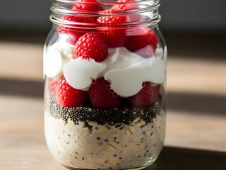 Layered overnight oats in a glass jar
