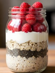 Layered overnight oats in a glass jar
