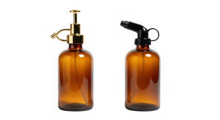 Amber Glass Spray Bottles with Metal and Plastic Nozzles Isolated on Transparent Background