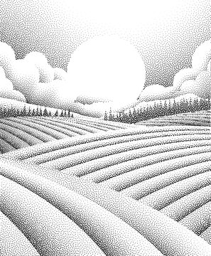 Fields rolling hills and mountains farm landscape background illustration with countryside mountains, sunrise sun, clouds and trees. Original rural background drawing in vintage pointillism dot style