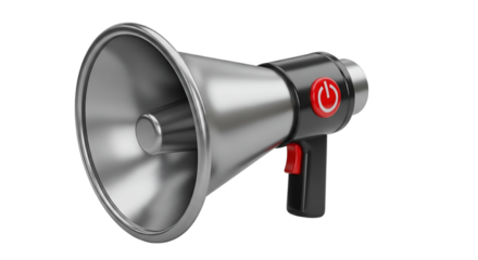 Silver Megaphone with Red Power Button bullhorn speaker isolated on a transparent background