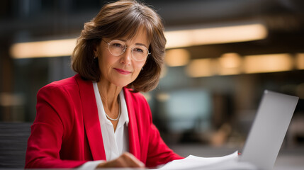 A focused, professional business portrait of a mature businesswoman working at a desk in a modern corporate office, carefully reviewing financial documents while using a laptop com