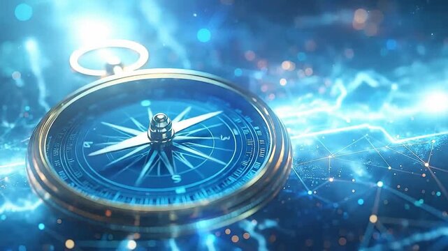A shiny compass sits atop a digital, glowing network background.