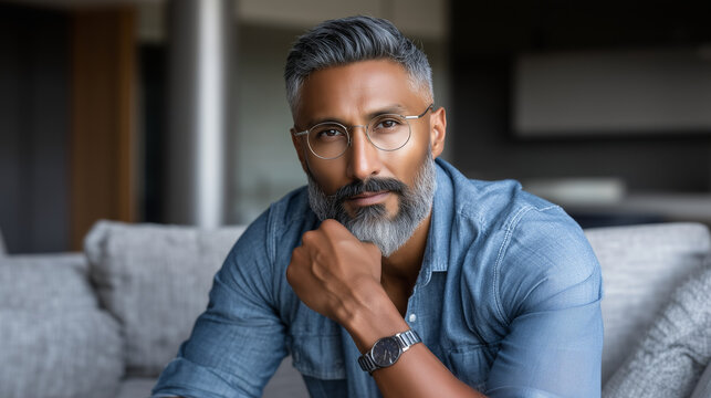 A thoughtful lifestyle business portrait of a mature Indian man seated comfortably on a modern light-gray sofa in a minimalist indoor setting. The composition is vertical and intim