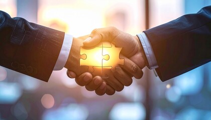 Handshake of Unity: A powerful handshake seals a deal, the joining hands representing agreement and the strength of a partnership, illuminated by a glowing puzzle piece representing perfect synergy.