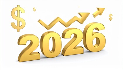 Financial Forecast: An optimistic glimpse into the future as the year 2026 shines, accompanied by a rising arrow and dollar signs, symbolizing growth and financial success.