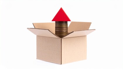 Box of Financial Growth: Symbolic image of a cardboard box overflowing with coins and a red arrow, representing financial growth, investment returns, and wealth accumulation.
