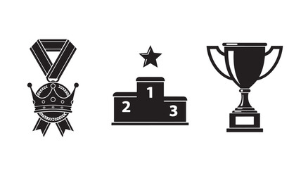 Trophy and Medal Icons in Simple Monochrome Design on White Background for Award Templates