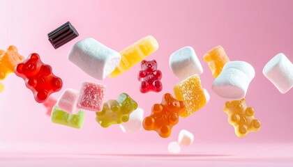 Assorted Colorful Candies and Marshmallows Floating on Pink Background