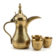 Traditional Antique Brass Arabic Coffee Pot (Dallah) and Three Cups Isolated on White - 3D Illustration