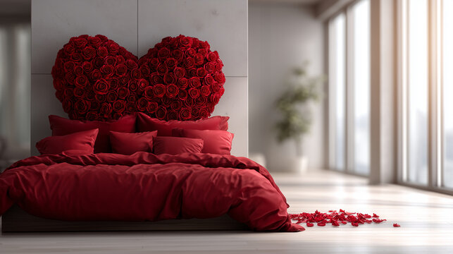 A luxurious, romantic bedroom interior featuring an extravagant bed decorated with red roses and a heart-shaped floral headboard. The scene is set in a bright, modern bedroom with