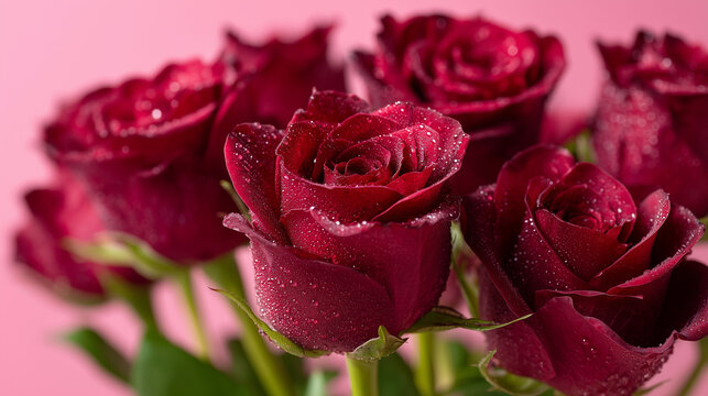 A luxurious close-up floral still life featuring a bouquet of deep red roses covered with delicate dew droplets, set against a soft pastel pink background. The composition is intim