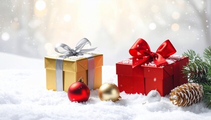 Festive Christmas Gifts in Snow with Ornaments and Bokeh Lights