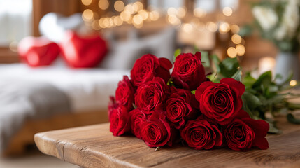 Fototapeta premium A romantic Valentineâs Day still life featuring a lush bouquet of fresh red roses placed on a natural wooden table, with a softly blurred festive bedroom background. The bouquet li