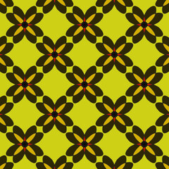 Fototapeta premium Seamless geometric floral pattern with stylized flowers in bold colors on a green background. Decorative abstract vector design ideal for textiles, wallpapers, wrapping paper, and modern surfaces.