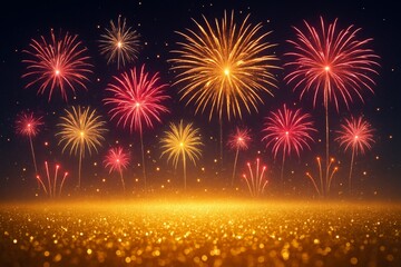 Bright colorful fireworks exploding in night sky with glowing golden sparkles on ground, festive celebration background concept with vibrant lights. Ai generative