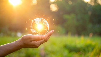 Embracing the World's Brilliance: A hand tenderly cradles a glowing miniature globe, as sunlight radiates, symbolizing harmony, hope, and stewardship for the planet.