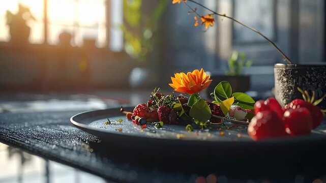 Artistic display of berries and flowers on a plate, creating a visually appealing arrangement.