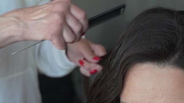 Professional Hairdresser Styling Long Dark Hair Preparing For A Formal Updo