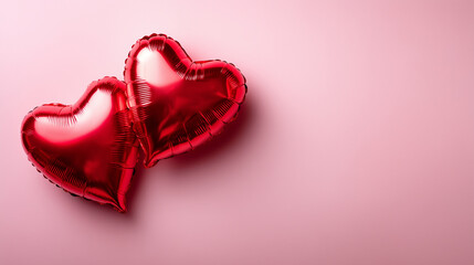 A clean and modern Valentineâs Day flat-lay composition featuring two glossy red heart-shaped foil balloons placed on a smooth pastel pink background. The composition is horizontal