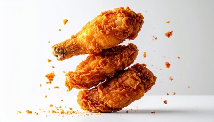Crispy Golden Fried Chicken Pieces Dynamically Stacked with Scattered Crumbs