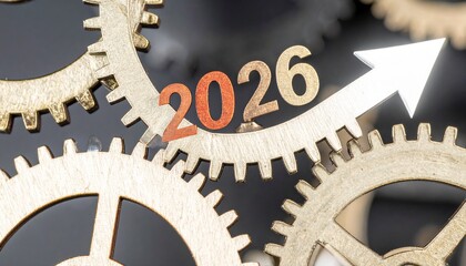 Navigating the Future: An abstract vision of 2026, set amidst intricate mechanical gears, symbolizes progress and innovation, with a bold upward arrow indicating a forward trajectory.