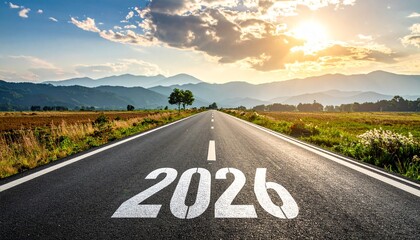 Journey into 2026: An open road, emblazoned with the year, stretches toward a bright future. A visual metaphor of hope, progress, and ambition. 