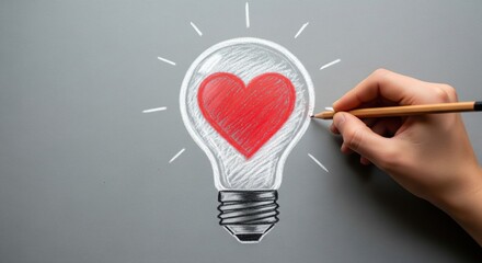 Hand drawing a light bulb with a heart inside, symbolizing inspiration, creative thinking, and emotional ideas. Concept of imagination, motivation, innovation, and creativity