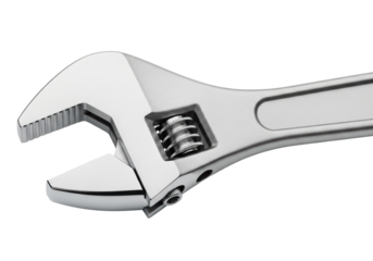 A macro photograph of a new, highly polished adjustable chrome wrench and matte steel handle, diagonally placed on a transparent background with ample copy space. Concept of precision hand tools and