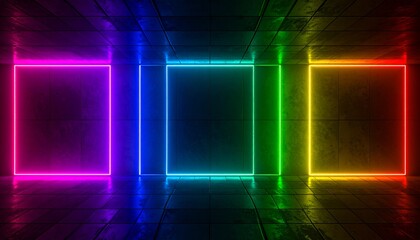 Neon Geometric Delight: Vivid neon rectangles illuminate a dark space, their colors reflecting off the polished floor, creating a mesmerizing display of light and geometry.