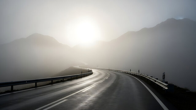 Curving Mountain Road at Sunrise with Foggy Landscape and Hills - Powered by Adobe