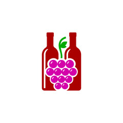Flat vector illustration of wine bottles with purple grape cluster, colorful winery icon