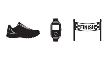 Running Shoe, Stopwatch, and Finish Line in Minimalist Black Silhouette on White Background for Fitness Branding