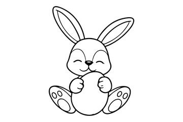 Cute black and white line art of a charming cartoon bunny rabbit embracing an oval egg, ideal for spring, Easter, children's coloring pages, and craft projects