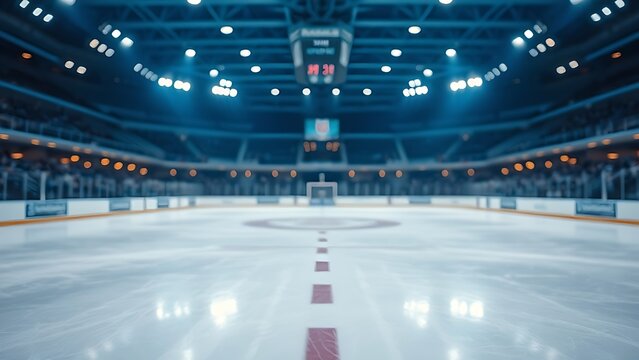 bleachers. An empty ice rink with a blurred spectator area, bathed in cool blue tones and atmospheric lighting. event key visuals, club posters, designed for fitness apps and gym onboarding.