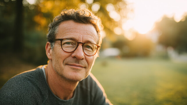 Portrait of friendly middle-aged man with glasses in casual wear, sitting in park, warm daylight