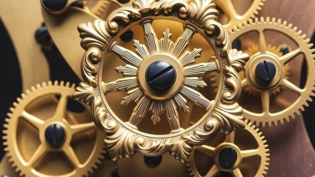 Ornate golden clockwork gears interlocking in a sophisticated mechanism for business process concept, industrial solution, and vintage engineering