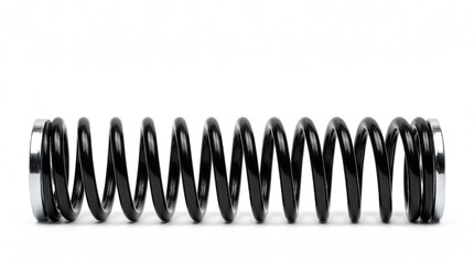 Black metal coil spring with silver ends on white background