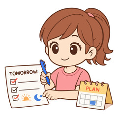 Girl Writing Daily Plan on Planner Notebook