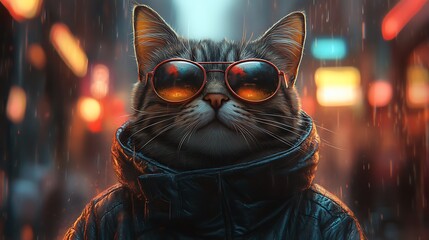 Cat with sunglasses and jacket urban portrait