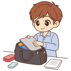 Boy Packing Work Bag at Home Desk