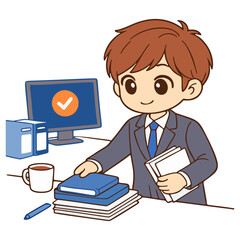 Boy Tidying Up Desk After Study Time