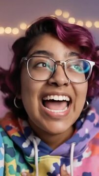A vibrant close-up captures a young, smiling individual with short, expressive purple hair and stylish glasses, radiating pure joy and happiness. Their cheerful expression, complete with a broad, auth