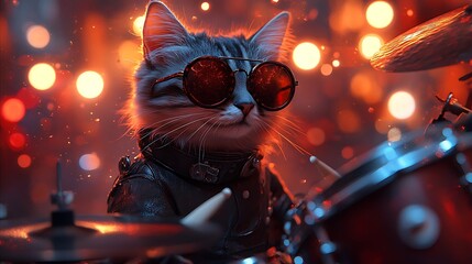 Cat playing drums in stylish outfit
