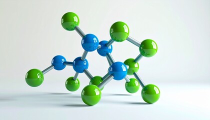 A 3D molecular model with green and blue spheres connected by rods, representing a complex organic structure.
