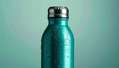 A teal insulated water bottle with condensation droplets and a metallic cap on a matching gradient background.